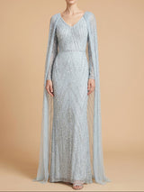 V-Neck Beaded Dress with Long Cape | 28839