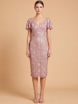 3D Floral Embellished Midi Dress with Cape Sleeves | 28851