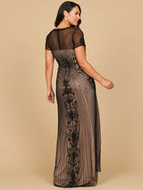 Beaded Cap Sleeve Illusion Plunge Gown | Lara 28869