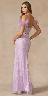 Juliet 288 Long Off the Shoulder Feather Strap Fitted Glitter Print Gown