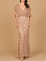 Beaded Gown with Draped Cape Sleeves