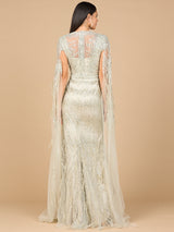 V-Neck Gown with Long Cape Sleeves and Feathers