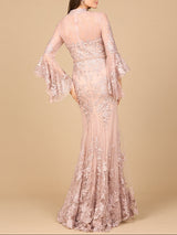 Lace, V Neck, Long Bell Sleeve Gown