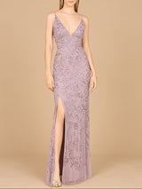 Embellished Gown with Slit And Spaghetti Straps - OUTLET