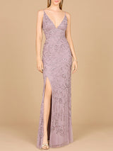 Embellished Gown with Slit And Spaghetti Straps - OUTLET