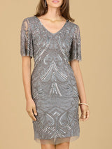 Beaded Cocktail Dress with Short Sleeves - OUTLET
