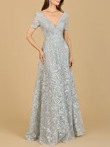 Short Sleeve Lace A-Line Dress with V-Neckline