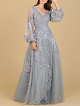 V Neckline Balloon Sleeve Gown
