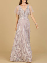 Cape Sleeve V-Neck Gown - OUTLET