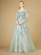 High Neck Lace Gown with Sheer Sleeves