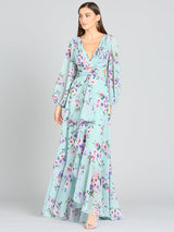 Long Sleeve V-Neck, Layered Skirt Print Dress- OUTLET