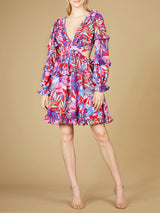 Long Sleeve Print Cocktail Short with Lace Up Back and Cutouts - OUTLET
