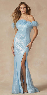 Juliet 292 Long Feather Neckline Off the Shoulder High Slit Prom Gown