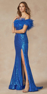 Juliet 292 Long Feather Neckline Off the Shoulder High Slit Prom Gown
