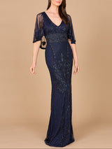 Cape Sleeve V-Neck Beaded Gown | 29356
