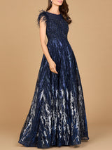 Lace ballgown with Feather Cap Sleeves