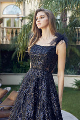 Juliet 297 Floor Length Feathered Cap Sleeve Patterned Sequin A-Line Gown