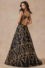 Juliet 297 Floor Length Feathered Cap Sleeve Patterned Sequin A-Line Gown