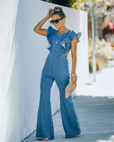 Women's Slim Fit round Ne Jumpsuit Casual Color High Waist Long Pants Commute Sle Polyester Denim Fabric Summer