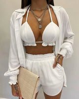 Lantern sleeve shirt and pocket design shorts set, solid color with ruffled edges and exposed navel top, new for 2025