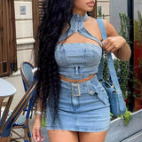 Denim Dress Sets Mini Wrap Buttocks Dress Slim Sheath Solid Two Pieces Sashes Sexy Pullover Tops Washed High Street Spliced