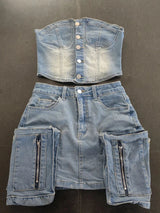 Y2k Fashion Vintage Washed Denim Set Women Off Shoulder Cropped Top Mini Skirt Jean Suit Summer Streetwear 2 Two Piece Outfits
