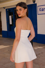 The Ellis Bandeau Cinched Waist Faux Pocket Mini Dress (Wht) - treasures-4-u-2-day
