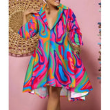 Women Sexy Fashion Printed Shirt Dresses Chic V Neck Loose Long Sleeve Dress Causal Vacation Female Mini Vestidos Robe Clothing - treasures-4-u-2-day
