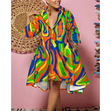 Women Sexy Fashion Printed Shirt Dresses Chic V Neck Loose Long Sleeve Dress Causal Vacation Female Mini Vestidos Robe Clothing - treasures-4-u-2-day