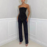 CPSYMYM Rhinestones Denim Vest Jeans Set Women Sexy Slim Sleeveless Strapless Empire Waist Zipper Pocket Pencil Trouser Summer