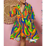 Women Sexy Fashion Printed Shirt Dresses Chic V Neck Loose Long Sleeve Dress Causal Vacation Female Mini Vestidos Robe Clothing - treasures-4-u-2-day