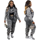 Pant Sets Long Sleeve Women Tracksuit Zipper Denim Coat Cargo Ankle Length Pants Pockets High Street Spliced Slim 2024 - treasures-4-u-2-day