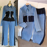 Two Piece Sets Women Pant Set Denim Splice Matching Sets Spring Top Wide Leg Long Pants Casual Loose Lace Up High Waist Jogger - treasures-4-u-2-day