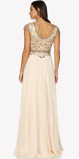 Juliet 657 Cap Sleeves Beaded Bodice A-line Long Dress