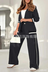 Women Suit Jacket 2 Piece Sets Striped Blazer Coat Turn Down Collar Single Breasted Wide Leg Pants Ensemble Office Lady Outfits