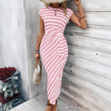 Elegant Waist Strap Striped Round Neck Short Sleeve And Long Pattern Dress