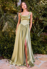 Ladivine 7446 A-Line Fitted Bodice Cowl Neckline Satin Dress