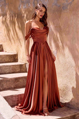 Ladivine 7449 A-Line Fitted Bodice Off the Shoulder Satin Dress