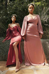Cinderella Divine 7482C Long Sleeve Off the Shoulder Soft Satin Fitted Dress