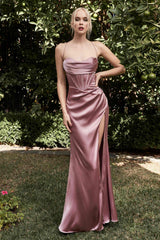 Cinderella Divine 7483 Long Corset Cowl Neckline Formal Satin Gown
