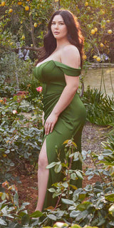 Cinderella Divine 7484C Plus Size Off the Shoulder Corset Satin Formal Gown