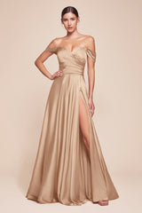 Cinderella Divine 7493C Long Plus Size A-Line Off the Shoulder Satin Dress