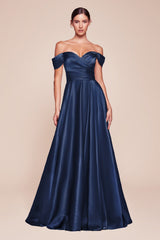 Cinderella Divine 7493C Long Plus Size A-Line Off the Shoulder Satin Dress
