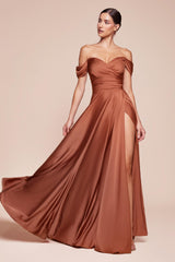 Cinderella Divine 7493C Long Plus Size A-Line Off the Shoulder Satin Dress