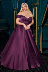 Cinderella Divine 7493C Long Plus Size A-Line Off the Shoulder Satin Dress