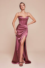 Ladivine 7495 Long Fitted Bustier Satin Draped Gown
