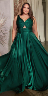 Ladivine 7497 Long A-Line Satin Keyhole Twisted Bodice Formal Gown
