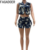 FAGADOER Fashion Printed Denim 2 Pieces Set for Woman Sleeveless Zip Cargo Pocket Jacket Patchwork Crop and Shorts Jeans Outfits
