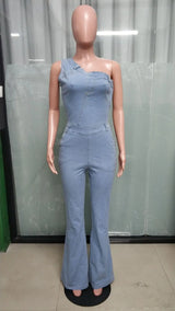 Demin Overalls Women Jumpsuits One Shoulder Mom Jeans Bodycon Long Pants Flare Pant High Waist Streetwear Y2k Slim Fit Rompers