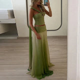 Sexy Strapless Top with Long Skirt Women's Suits Fashion Backless Pleated Club Outfit Gradient Green Hollow Slim Two Piece Sets - treasures-4-u-2-day